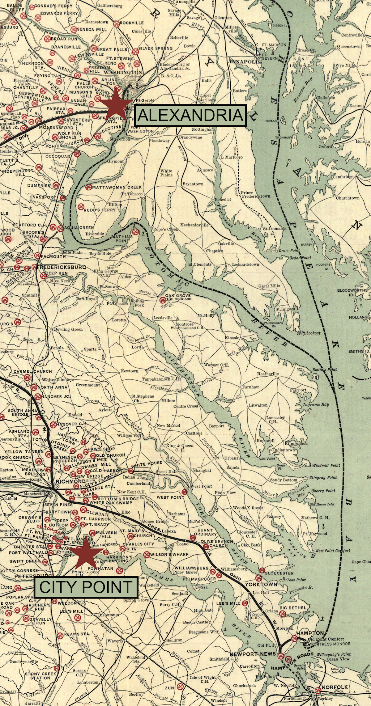 Chesapeake And Ohio Railway Company Map showing Alexandria and City Point Virginia 
