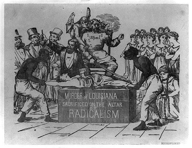 Anti-Reconstruction wood engraving, "Murder of Louisiana sacrificed at the altar of radicalism."