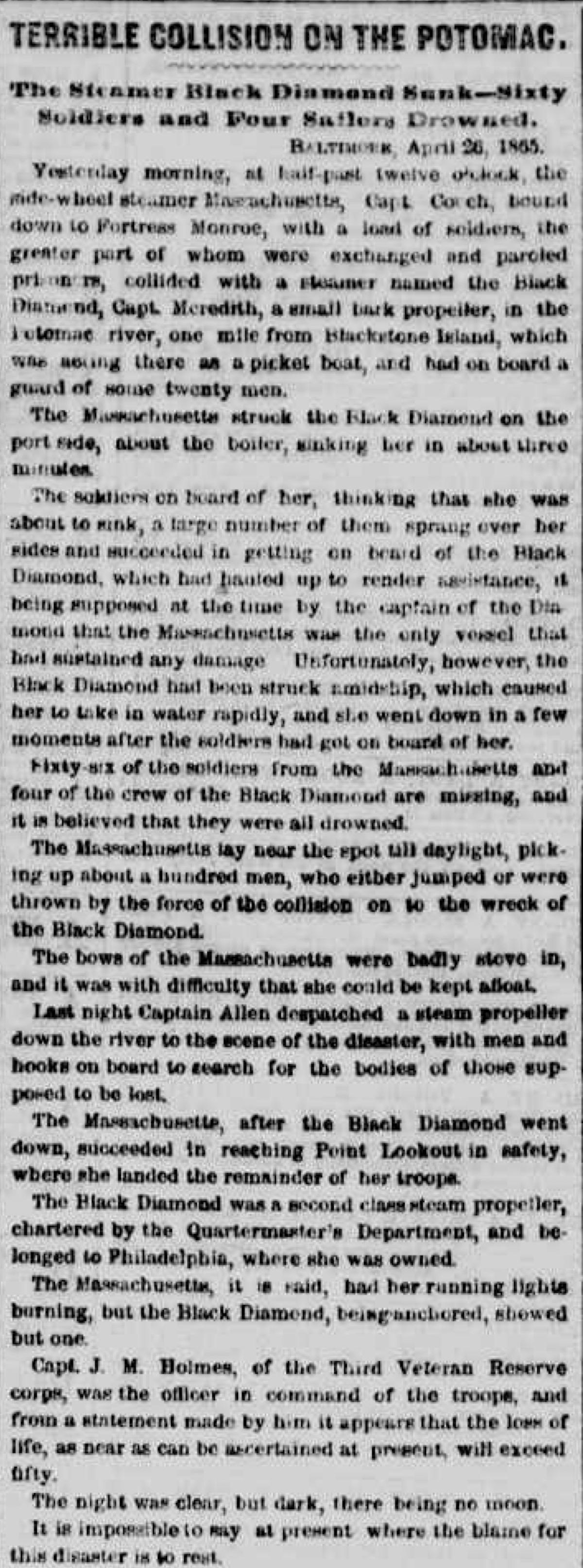 Image of newspaper article, <i>The New York Herald</i>, April 27, 1865